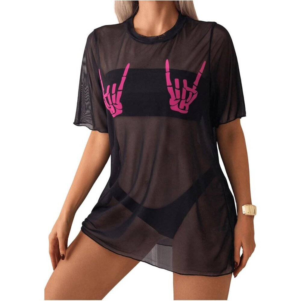Women's Mesh Cover Up Swimsuit Top Sheer Skull Print Short Sleeve Beach Wear - Picture 1 of 5